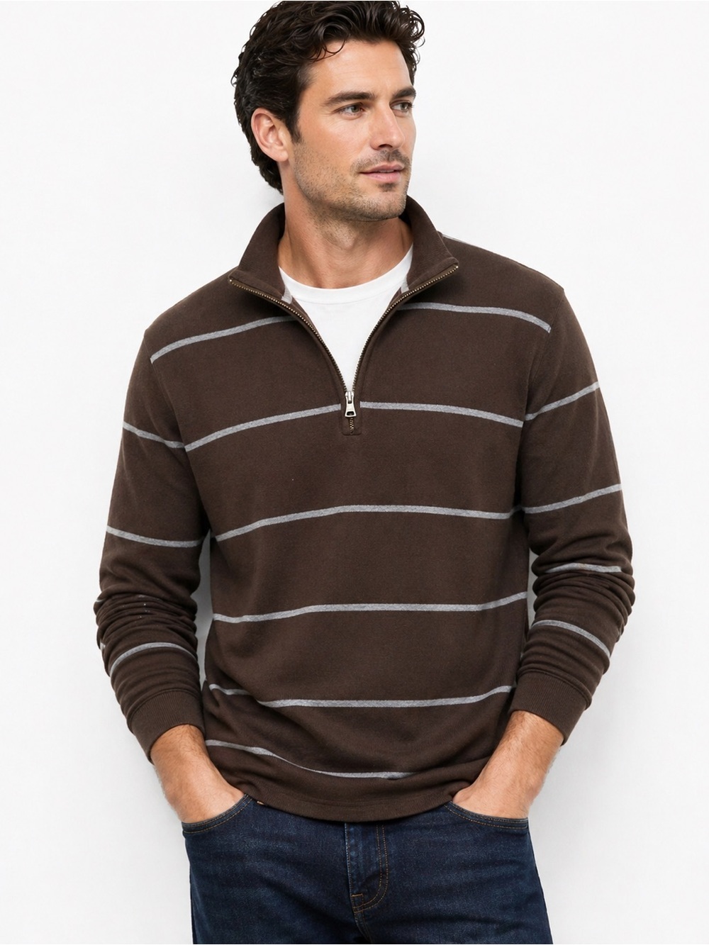 Banana Republic Men’s Brown Striped Quarter Zip Pullover Medium